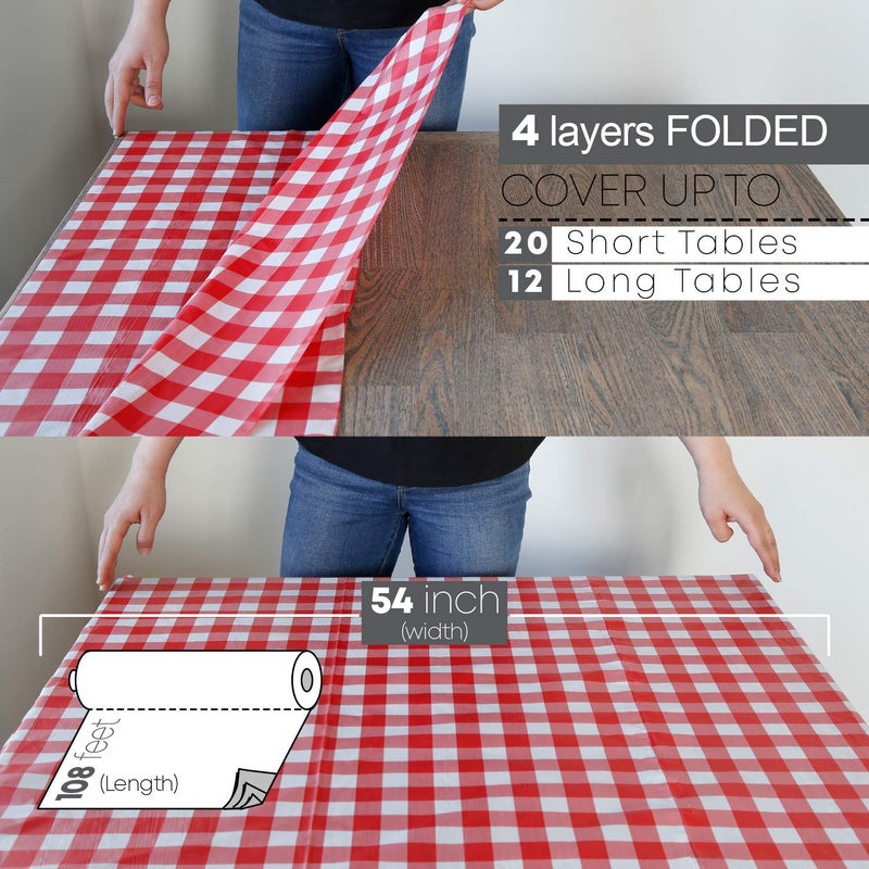 Neatiffy Disposable Plastic Table Cloth Roll | 54 in x 108 Ft Waterproof Tablecloth | Table Cover for Rectangle, Square, Round Oval Tables | Picnic, Party, Banquet, Birthdays, Weddings, Red Checkered - Image 5